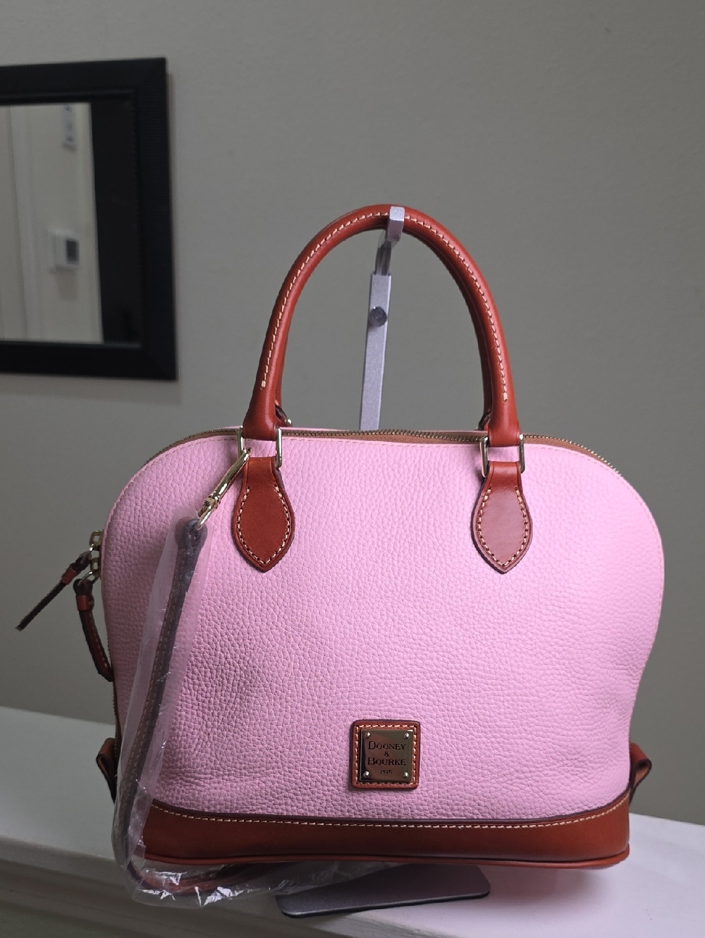 Dooney & Bourke Pebble Grain Leather  Zip Zip Satchel In Baby Pink/Saddle NWOT